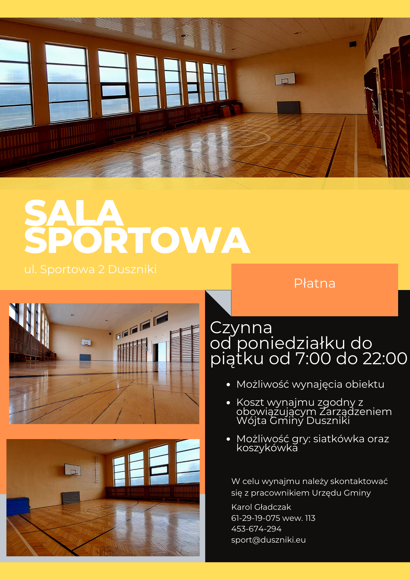 Grafika informacyjna sali sportowej w Dusznikach